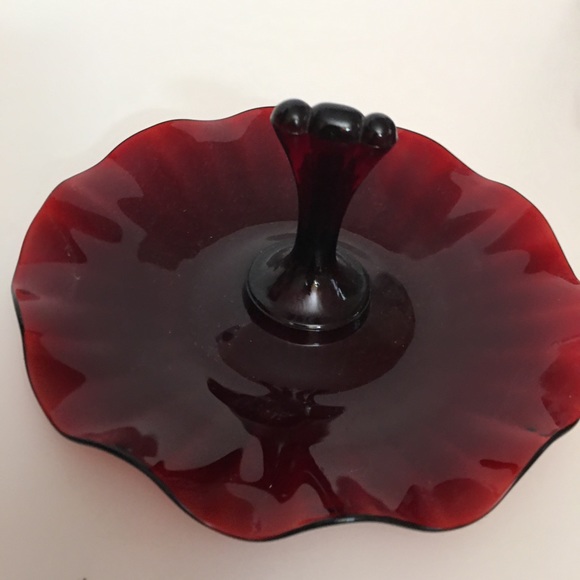 Vintage art Deco Cranberry Glass Candy Dish Wavy Edging with Handle Trinket Tray - Picture 7 of 11